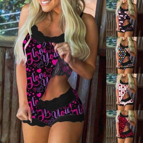 Pajamas Women Valentines Day Love Heart Printed Sleeveless Sleep Tops Lace V-neck Sexy Lingerie Cami Shorts Sleepwear Set Pijama