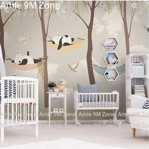 Tuya art wallpaper for kid room Cartoon pandas play garden for childs room mural wallpapers baby room wall decor matt finish