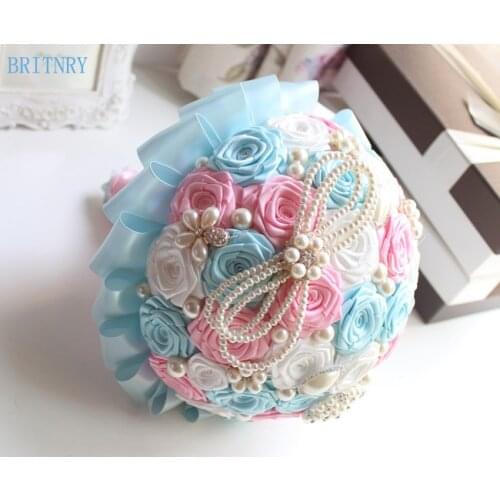 BRITNRY Gorgeous Crystal Bridal Bouquet Handmade Satin Roses Brooch Bouquet Blue with Pink Bridesmaid Bouquet Real Pictures