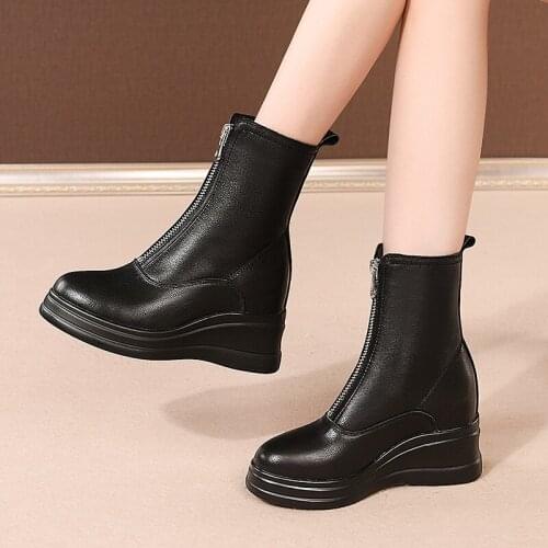 New winter Japan South Korea Genuine leather ankle Women boots 8cm wedges Fashion boots black Women shoes Waterproof Taiwan