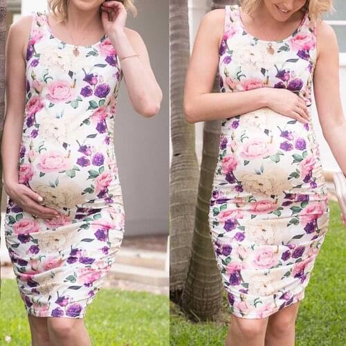 Women Maternity Dresses Sleeveless Midi Dress Print Nightgown Pregnancy Dress Gown For Pregnant Breastfeeding Maternity Clothes