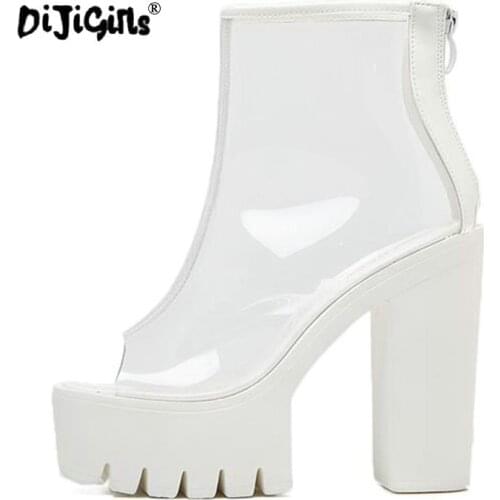 DIJIGIRLS Super High Heels Thick Soles Bottom Perspex Clear Transparent Ankle Boots Female Platform Anti Slip Boots Casual Shoes