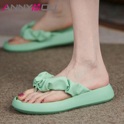 ANNYMOLI Shoes Slippers Women Flat Sandals Flip Flop Slides Square Toe Ladies Footwear Summer Green Yellow 34-40 2021 New Shoes