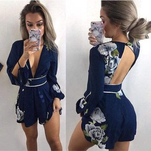Summer Elegant Woman Jumpsuits Fashion Sexy Backless Deep V-neck Loose Print Long Sleeve Jumpsuit Short Skirt New Arrival 2021