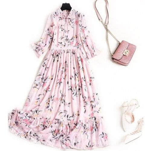 New 2020 Spring Dress Fashion Woman Clothes Elegant Flare Sleeve Bow Neck Floral Print Sweet Pink Casual Aline Chiffon Dress