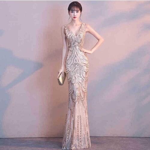 New Elegant V-Neck Evening Dress Zipper Back Simple Floor-length Sleeveless Mermaid Plus size Women Formal Party Dresses C1324