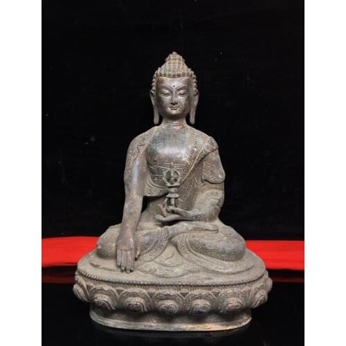 12"Tibet Buddhism Old Bronze Cinnabar Shakyamuni Buddha Statue King Kong Buddha Amitabha Sitting Buddha Enshrine the Buddha
