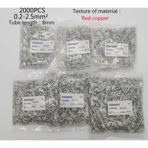2000pcs Tube Bare End 0.2-2.5 Square EN0308,0508,7508,1008,1508,2508 Cold-pressed Plunger Copper European Tubular Terminal