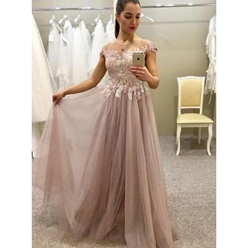 2020 Sheer Capped Sleeves Evening Dresses Lace Applique Tulle Prom Gowns Long Floor A Line Bride Party Dress