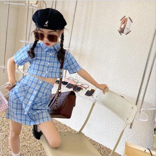 2021 Korea style girls 2 pcs plaid set shirt+skirt fashion summer girls suit 6-12t B333