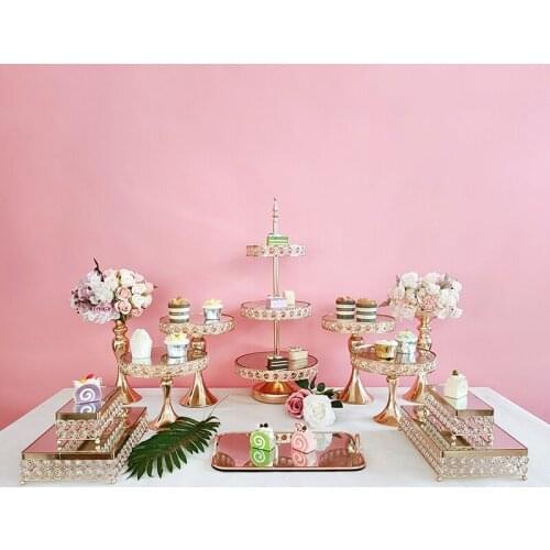 3 Piece -12pcs Set Crystal Gold Plated Cheese Dessert Cupcake Cake Stand with Mirror Plate-Gold