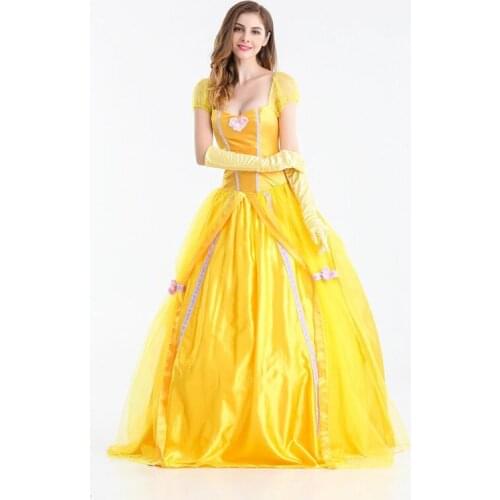 Luxurious Yellow 3Pcs Fantasias Princess Dress Cosplay Costume Adult Women Party Christmas Halloween Queen Fancy Costume Clothes