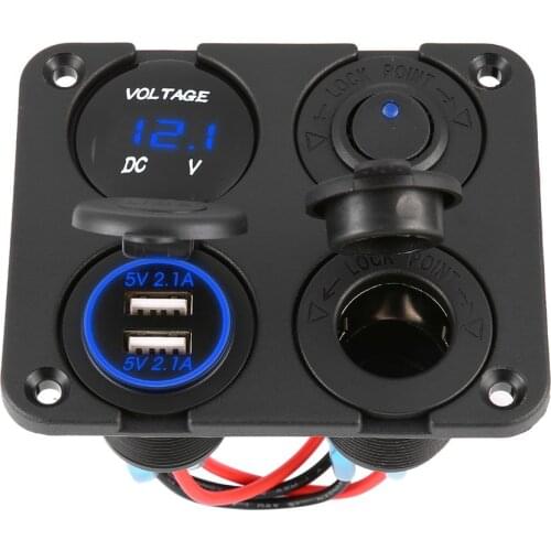 Dual USB Ports Car Charger with LED Voltmeter + 12-24V Power Socket + On-Off Switch 4 in 1 Car Marine Boat LED Switch Panel