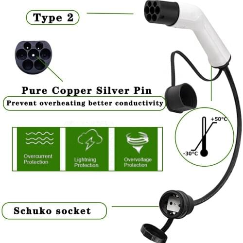 Electrical car 16A Type 2 charging side plug to schuko socket for standard European two pin plug EV charging adapter