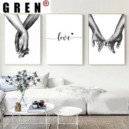GREN Black White Style Sweet Love Wall Art Canva Painting Minimalist Hand in Hand Poster Print Picture Living Room Bedroom Decor