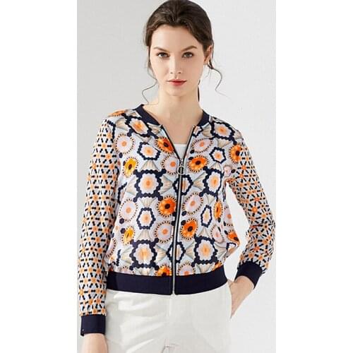 High Quality 100% Silk Jacket Women Lightweight Fabric Printed Long Sleeves Casual Bomber Coat Fashion Style New Fashion