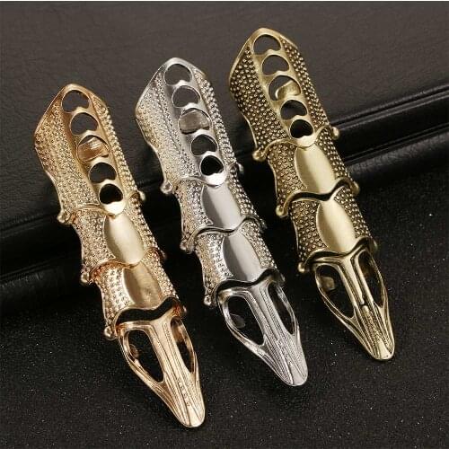 2021 NEW Cool Boys Punk Gothic Rock Scroll Joint Armor Knuckle Metal Full Finger Ring Gold Cospaly DIY Ring Halloween decoration