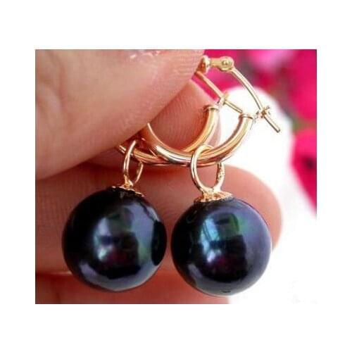 New Arrival Favorite Pearl Earrings AAA 12MM Tahitian Black Color Round Freshwater Pearl Dangle Earring 14k/20 Fine Jewelry