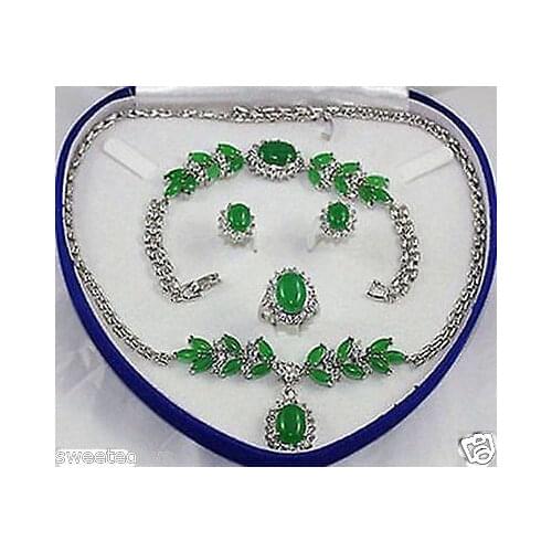 New Style Hot sale********Charming Set Jewelry Green jade Necklace Bracelet Earring Ring Fashion Wedding Party Jewellery