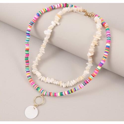2Pcs/Set Fashion Round Shell Pendant Multicolor Polymer Clay Necklaces For Women Trendy White Natural Stone Necklace Jewelry