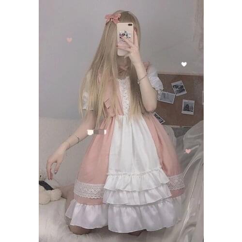 COOLFEL Sweet Lolita Maid Dress Gothic Pink Cross Square Collar Puff Sleeve Fairy Dress Ruffles Lace Soft Girls Party Dresses