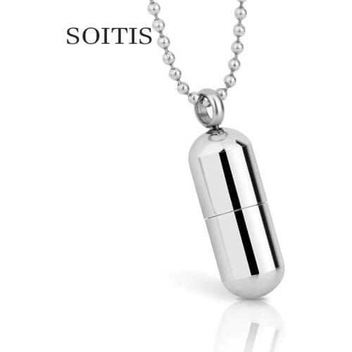 SOITIS Stainless Steel Pills Pendant Cremation Urn Necklace for Ashes Customize Bottle Pendant for Dog Ash Jewelry Beads Chain
