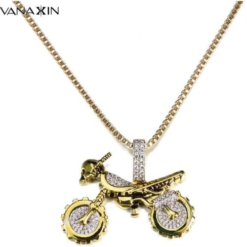 VANAXIN Motorcycle Pendants&Necklaces Gold&Silver Color Vintage Jewellery Skull Bling Bling Bike Necklaces Fashion Jewelry Box