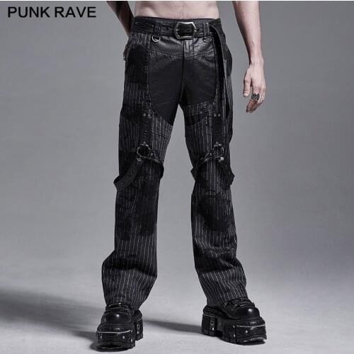 PUNKRAVE Mens Punk Print Striped Straighrt Trousers Daily Wear Cotton Loose Pencil Long Pants