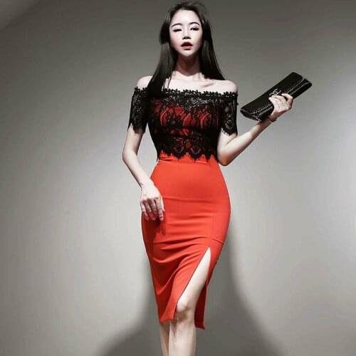 Sexy Womens Dresses New Arrival 2020 Slash Neck Short Sleeve Split Bodycon Wrap Lace Dress Ladies S-XL Plus Size Summer Dress