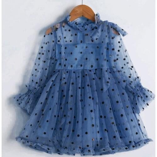 Blue Lace Sleeves Girls Dress Summer Polka-Dot A-Line Children Clothes Baby Birthday Party Princess Dresses Vestidos Infantil