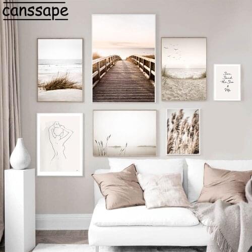 Scandinavian Nature Landscape Canvas Painting Grass Bridge Picture Beach Sunset Wall Art Print Nordic Poster Living Room Decor