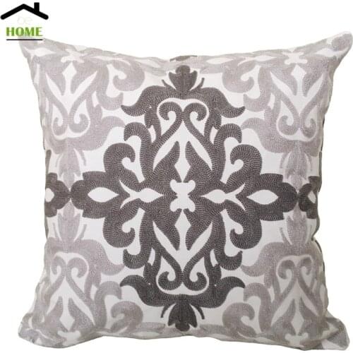 Contemporary Cotton Classical Grey Pattern Locational Damask Cord Embroidery Pillow Case Home Cushion Cover 45 x 45 cm