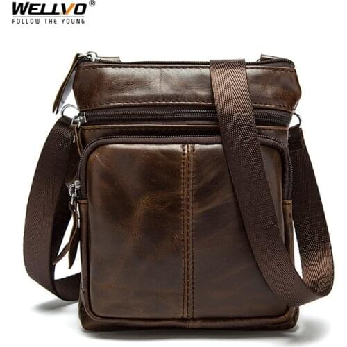 Mens Genuine Leather Crossbody Bags Male Vintage Casual Shoulder Bags Travel Small Pack Mobile Phone Bag Daily Pouch XA799ZC