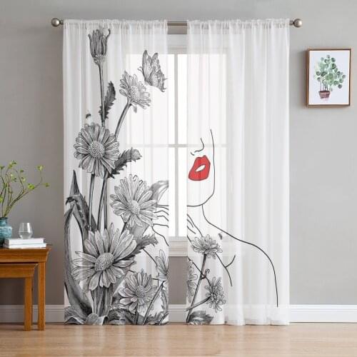 Flower Daisy Female Line Red Lips Voile Tulle Sheer Curtains for Bedroom Living Room Kitchen Decor Chiffon Windows Curtain