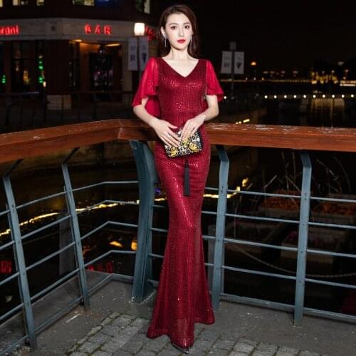 Evening Dress V-Neck Simple Elegant Backless Pleat Short Sleeves Floor-Length Mermaid New Plus size Women Formal Party Gown C874