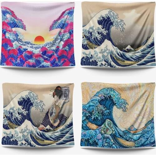 Japan Kanagawa Waves Tapestry Sunset Printed Wall Hanging Tapestries Arowana Wall Decor Tapestries Boho Bedspread Yoga Mat