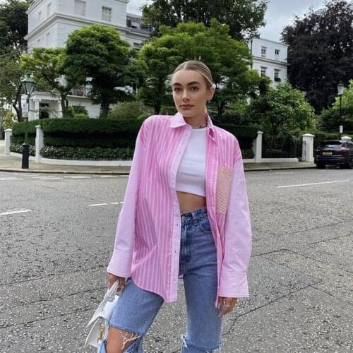 Woman Casual Pink Loose Patchwork Poplin Shirt 2021 Spring Sweet Girls Stripe Shirts Female Chic Oversized Long Sleeve Tops