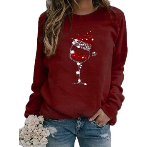 Women’s Christmas Pullovers, Glitter Santa Hat Red Wine Glass Print Long Sleeve Crewneck Loose Sweatshirts Blingbling