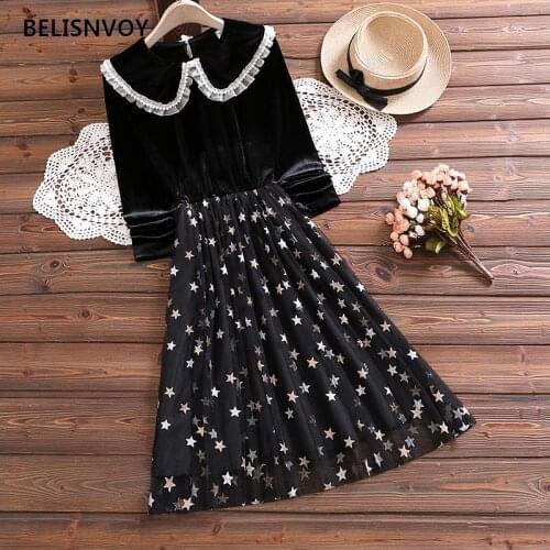 Lace beads Peter Pan Collar Girls Golden velvet Dresses Autumn Spring New Fashion Sequined Stars Mesh Dress For Women Vestidos
