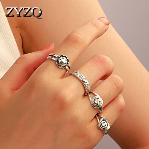 ZYZQ Vintage Silver Plated Smiley Face Open Single Rings Men And Women Harajuku Shiny Adjustable Punk Party Fashion Jewelry