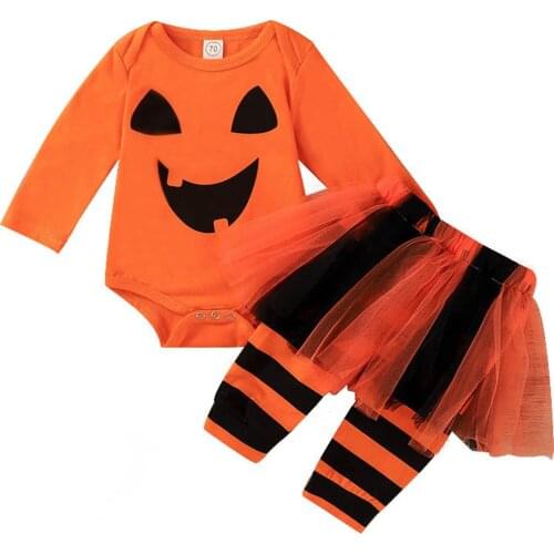2PCS Halloween Clothes Toddler Kids Baby Girl Pumpkin Print Romper Jumpsuit Lace Tutu Skirt Long Sleeve Outfits