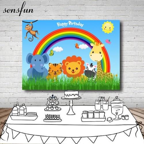 7x5FT Vinyl Rainbow Safari Party Photography Backdrop Cartoon Tiger Lion Elephant Monkey Sky Blue Backgrounds For Kids