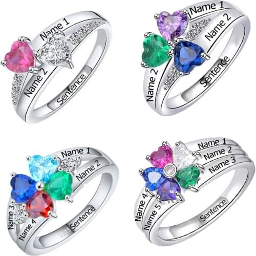 925 Sterling Silver Rings Custom Heart Birthstone Ring with 2-5 Names Personalized Fine Jewelry for Women Mother Days Gift