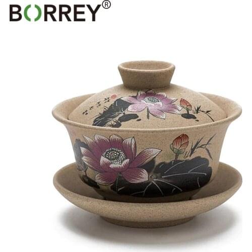 BORREY Pottery Gaiwan Chinese Kung Fu Tea Set Ceramic Tea Cup With Saucers Lotus Bamboo Gaiwan Pu'er Teapot Travel Tea Sets