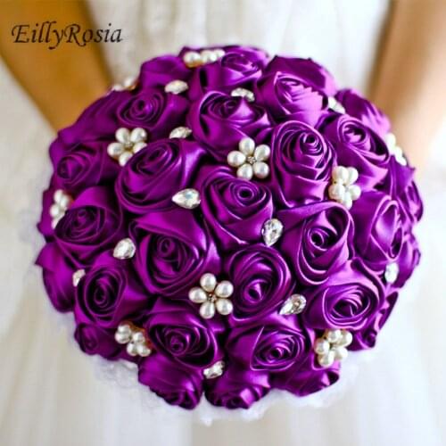 EillyRosia Purple Bridal Bouquet Wedding Flowers Pearls Jewlery Crystals Red Blue Coral Customized Color Brooch Bouquet New