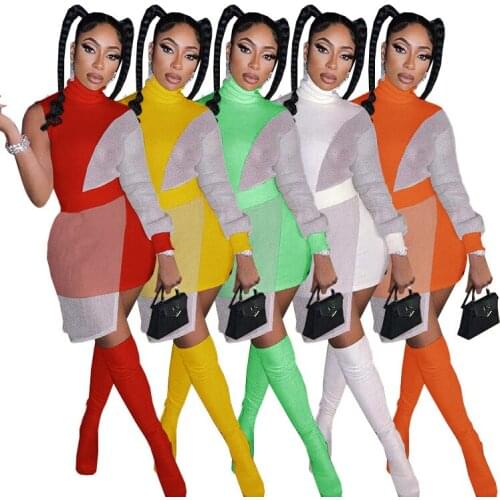 European and American womens summer fashion high-necked one-shoulder stitching sexy dress womens nightclub