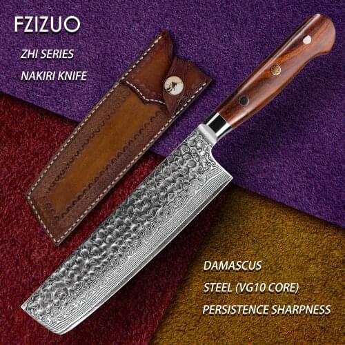 FZIZUO 6.9"Full Tang VG10 Damascus Steel Nakiri Knife Professional Kitchen Knives Cooking Knife Desert Ironwood Wooden Handle