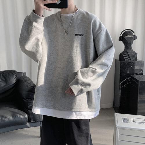 Ruffian handsome fake two piece mens spring and autumn long sleeve mens loose couples top