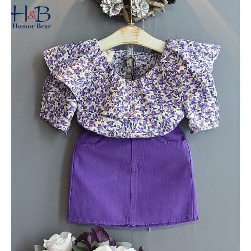 Humor Bear New Girl Clothes Set Summer Short Floarl Printed Shirt +Denim Purple Skirt Suits 2Pcs Casual Children Clothes