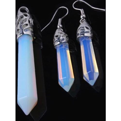 Kraft-beads Silver Plated Opalite Opal Hexagon Prism Stone Pendulum Stone Pendant Drop Earrings For Party Jewelry Sets